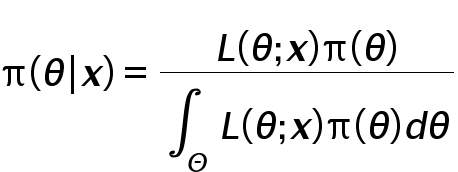 begin mathsize 36px style straight pi left parenthesis theta vertical line bold italic x right parenthesis equals fraction numerator L left parenthesis theta semicolon bold italic x right parenthesis straight pi left parenthesis theta right parenthesis over denominator integral subscript capital theta space L left parenthesis theta semicolon bold italic x right parenthesis straight pi left parenthesis theta right parenthesis d theta end fraction end style